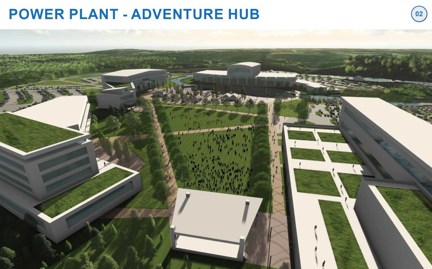 Option 2 for the power plant area is an adventure hub with a conference center, ropes course, zipline, camping and an outdoor music venue.